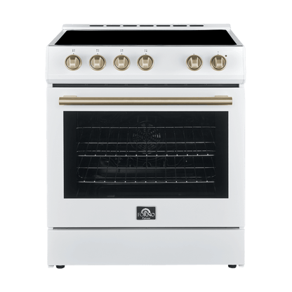 FORNO Espresso Package - 30" Electric Range and Refrigerator in White with Antique Brass Handles, FBDL-003-03US