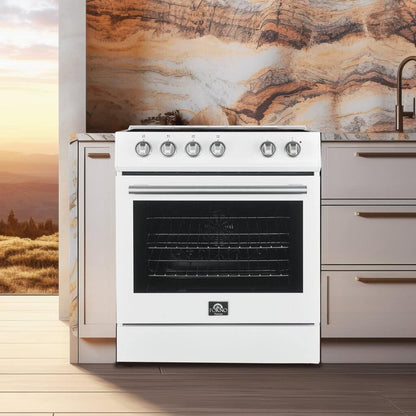 FORNO Espresso Package - 30" Electric Range, Range Hood and Refrigerator in White with Stainless Steel Handles