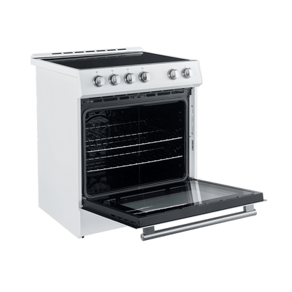 FORNO Espresso Package - 30" Electric Range, Range Hood and Refrigerator in White with Stainless Steel Handles