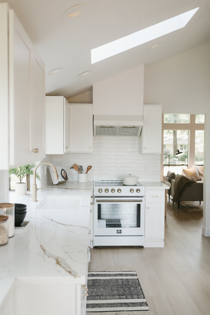 FORNO Espresso Package - 30" Electric Range, Range Hood, Refrigerator and Dishwasher in White with Antique Brass Handles