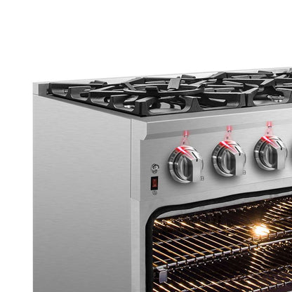 FORNO Massimo 36 in. Freestanding Dual Fuel Range with 6 Sealed Burners, 5.36 cu. ft. Electric Oven, Griddle, Wok Ring, and Air Fry Kit in Stainless Steel (Model FFSGS6125-36)