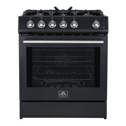 Forno Espresso Leonardo 30-Inch Freestanding Gas Range, 5.0 cu. ft., Black with Stainless Steel Handles (Model FFSGS1116-30BLK)