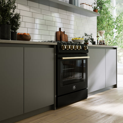 FORNO Espresso Package - 30" Gas Range, Over-The-Range Microwave, 36" Refrigerator with Ice Maker and Dishwasher in Black with Antique Brass Accents, AP4-1116BLK-A12