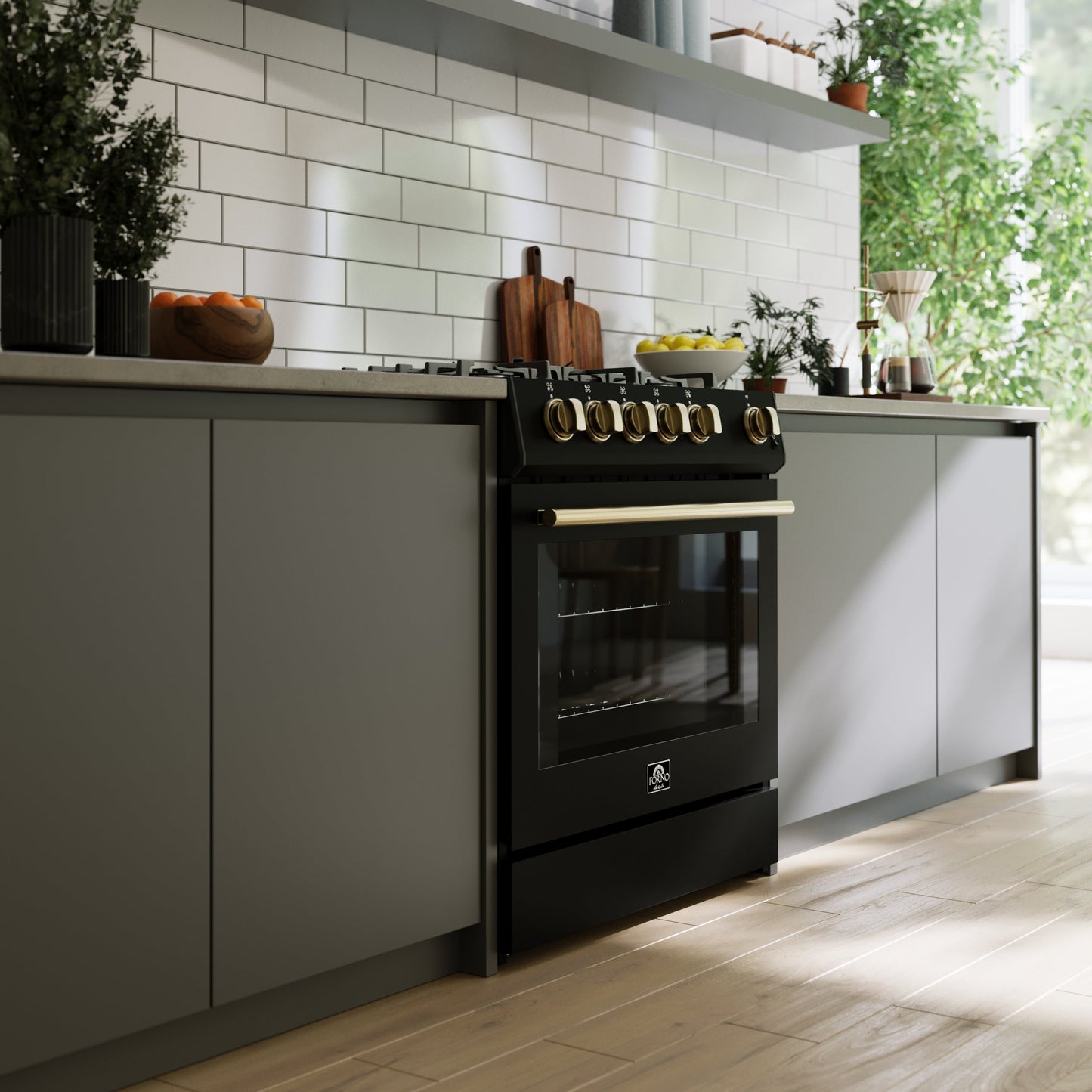 FORNO Espresso Package - 30" Gas Range, Wall Mount Range Hood, Dishwasher in Black with Antique Brass Accents, AP3-1116BLK-A11