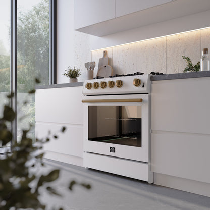 FORNO Espresso Package - 30" Gas Range, Over-The-Range Microwave, 36" Refrigerator with Water Dispenser/Ice Maker and Dishwasher in White with Antique Brass Accents, AP4-1116WHT-A11