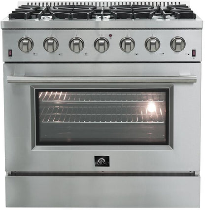 FORNO Package - 36 Inch Gas Range, Wall Mount Range Hood, Refrigerator, Microwave Drawer, Dishwasher, AP-FFSGS6244-36-W-8