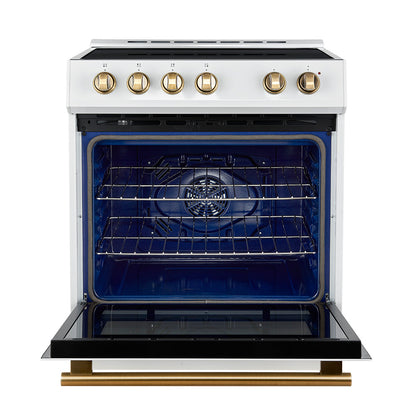 Forno Espresso Leonardo 30-Inch Freestanding Induction Range, 5.0 cu. ft. Oven, Knob Controls, White with Antique Brass Accents (Model FFSIN0982-30WHT)