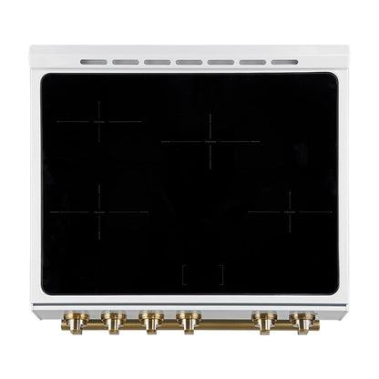 Forno Espresso Leonardo 30-Inch Freestanding Induction Range, 5.0 cu. ft. Oven, Knob Controls, White with Antique Brass Accents (Model FFSIN0982-30WHT)