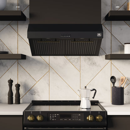 FORNO Espresso Package - 30" Electric Range, Range Hood, Refrigerator and Dishwasher in Black with Stainless Steel Handles
