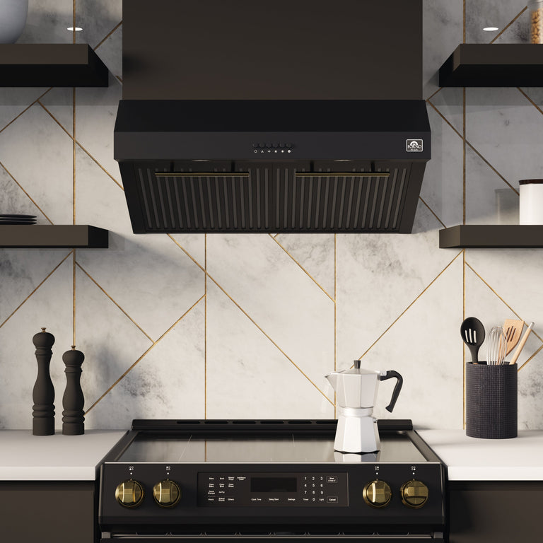 FORNO Espresso Package - 30" Electric Range, Range Hood and Refrigerator in Black with Antique Brass Handles, FBDL-001-02US