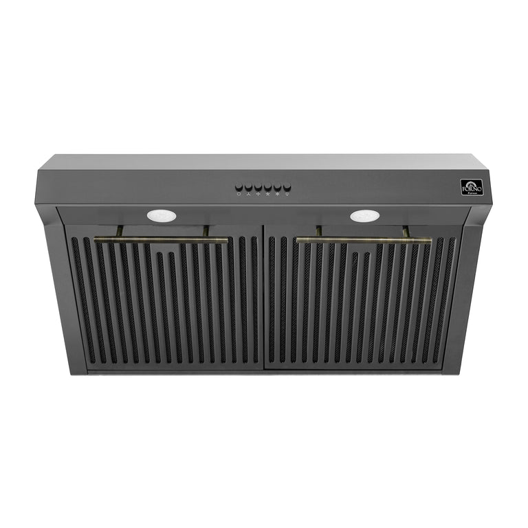 FORNO Espresso Package - 30" Electric Range, Range Hood and Refrigerator in Black with Antique Brass Handles, FBDL-001-02US