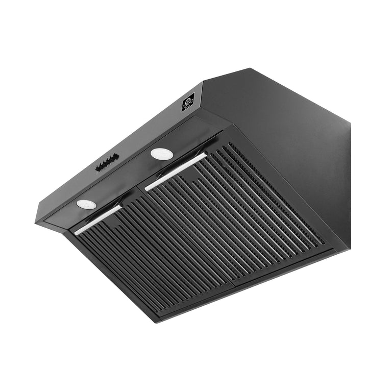 FORNO Espresso Package - 30" Electric Range, Range Hood and Refrigerator in Black with Antique Brass Handles