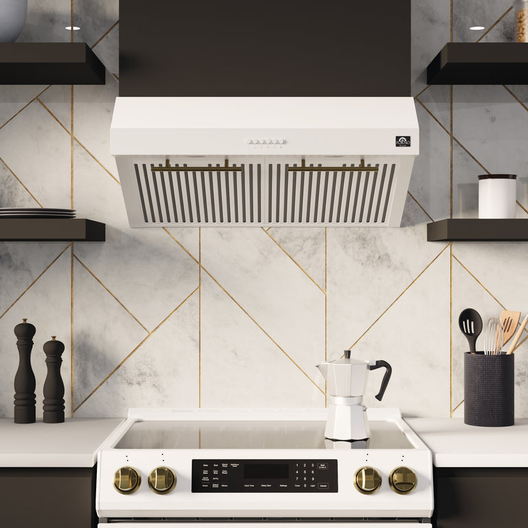 FORNO Espresso Package - 30" Electric Range, Range Hood, Refrigerator and Dishwasher in White with Stainless Steel Handles, FBDL-006-03US