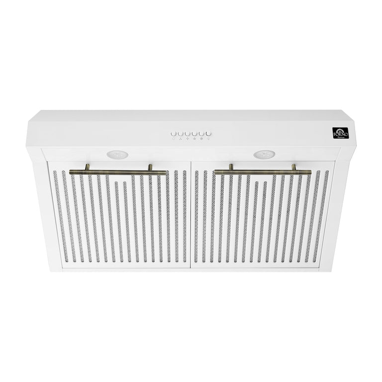 FORNO Espresso Package - 30" Electric Range, Range Hood and Refrigerator in White with Antique Brass Handles
