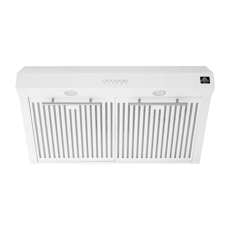 FORNO Espresso Package - 30" Electric Range, Range Hood, Refrigerator and Dishwasher in White with Stainless Steel Handles, FBDL-006-03US