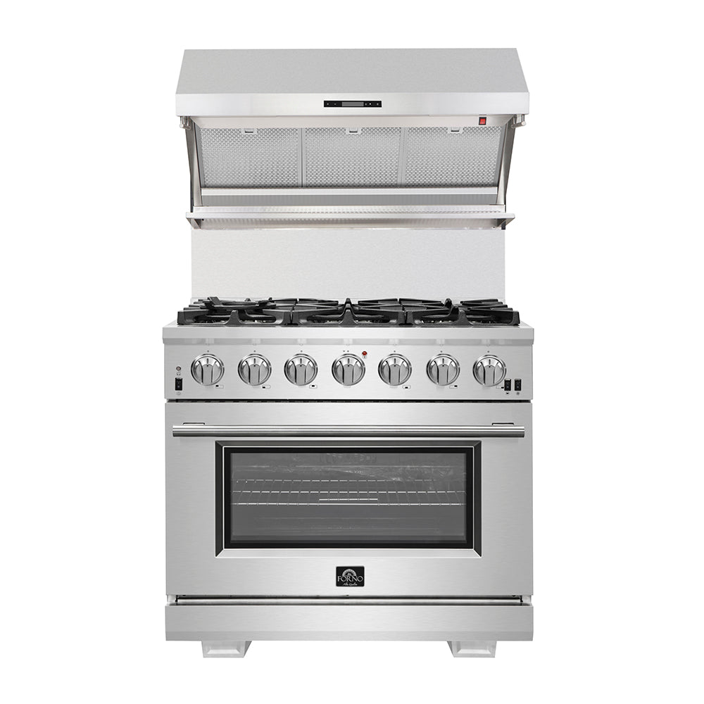 FORNO Appliance Package - 36 Inch Pro Gas Range, Wall Mount Range Hood, Microwave Drawer, Dishwasher, AP-FFSGS6260-36-6