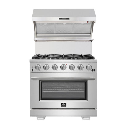 FORNO Appliance Package - 36 Inch Pro Gas Range, Wall Mount Range Hood, Microwave Drawer, Dishwasher, AP-FFSGS6260-36-6