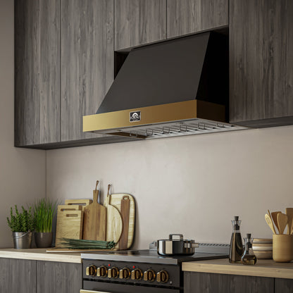 FORNO Vittorio 36-Inch Wall Mount Range Hood, 600 CFM, Black with Antique Brass Trim, Remote Control (FRHWM5078-36BLK)