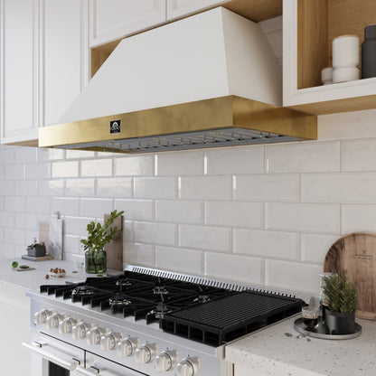 Forno Vittorio 48-Inch Wall-Mount Range Hood, 600 CFM, White with Antique Brass Trim, Remote Control (Model FRHWM5078-48WHT)