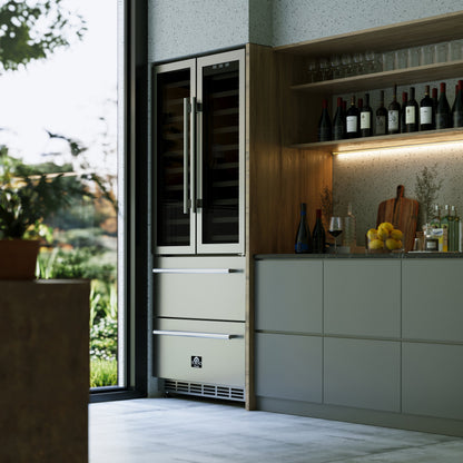FORNO Campania 32-Inch Triple Zone French Door Wine Cooler with Dual Beverage Drawers, 120-Bottle Capacity (Model FWCDR6635-32S)