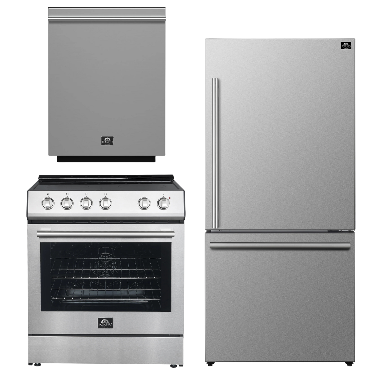 FORNO Espresso Package - 30" Electric Range, Refrigerator and Dishwasher in Stainless Steel
