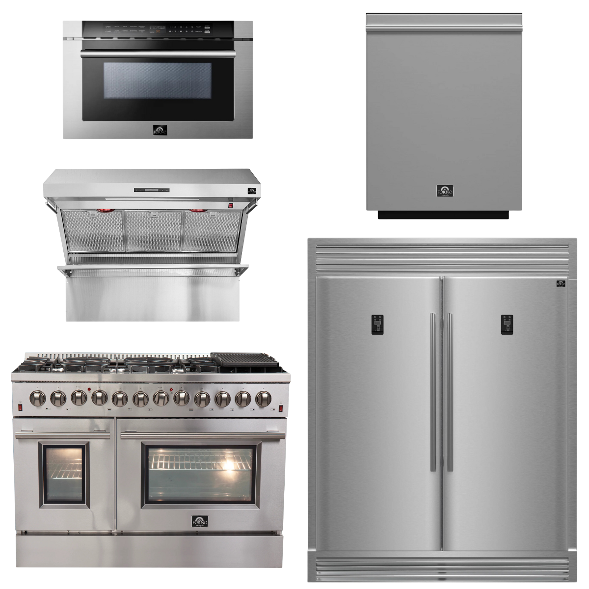 FORNO Package - 48 Inch Dual Fuel Range, Wall Mount Range Hood, Refrigerator, Microwave Drawer, Dishwasher, AP-FFSGS6156-48-8