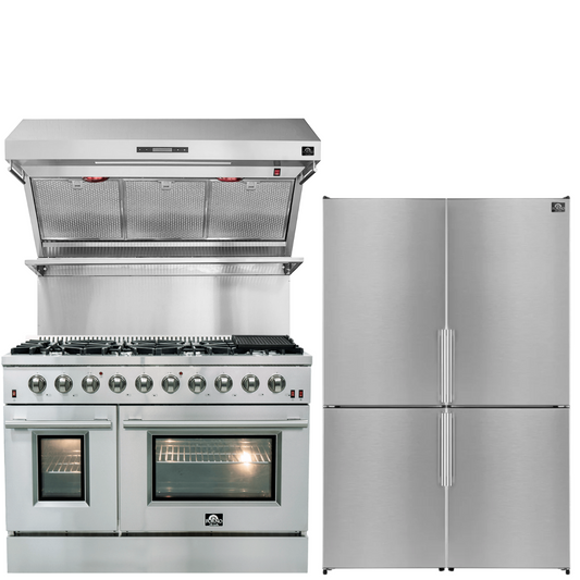 FORNO Appliance Package - 48" Gas Range, 48" Range Hood, 48" Refrigerator, AP-FFSGS6244-48-10