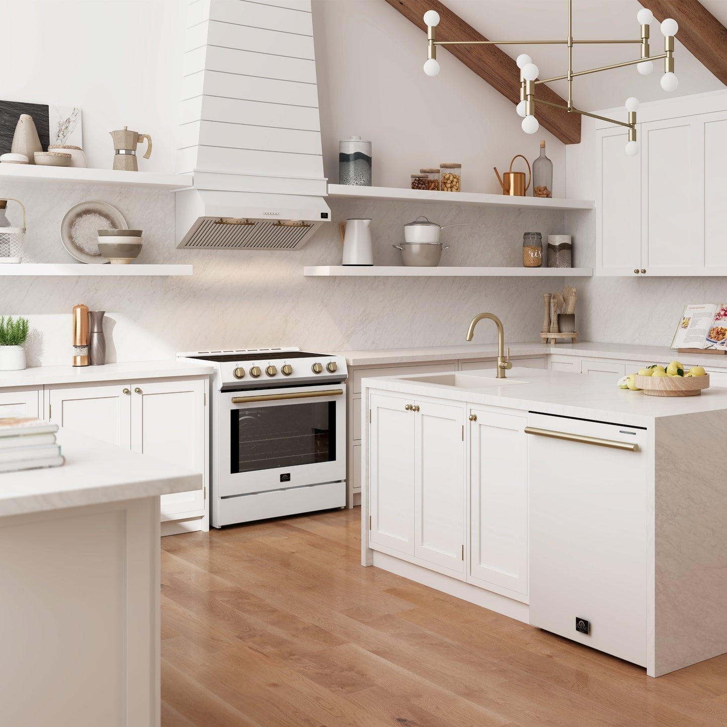 FORNO Espresso Package - 30" Induction Range and Under Cabinet Range Hood in White with Antique Brass Accents