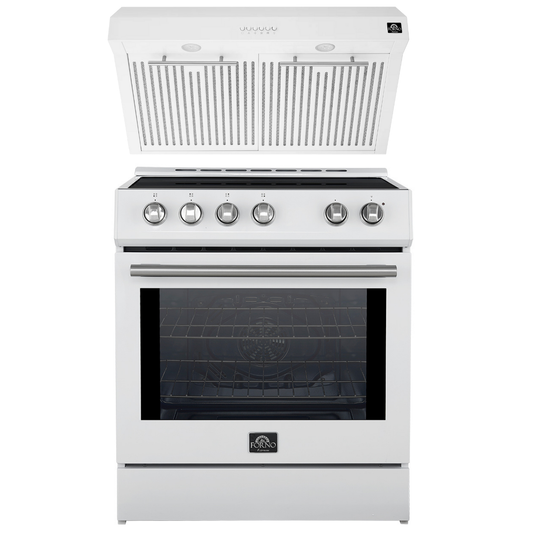 FORNO Espresso Package - 30" Induction Range and Under Cabinet Range Hood in White with Stainless Steel Accents