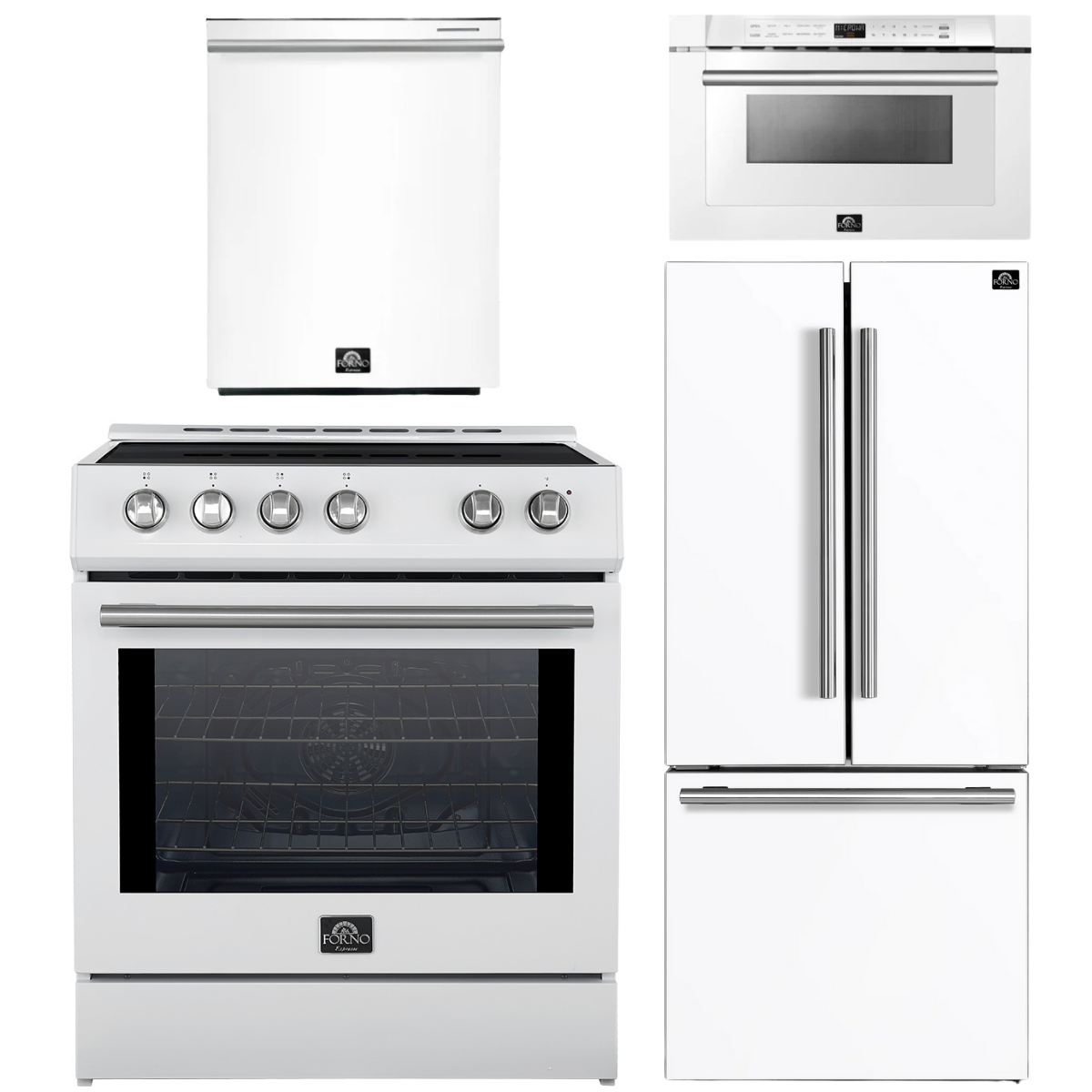 FORNO Espresso Package - 30" Induction Range, 30" Refrigerator with Ice Maker, Dishwasher and 24" Microwave Drawer in White with Stainless Steel Accents