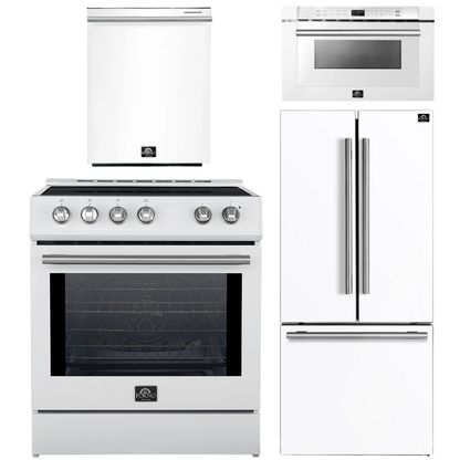 FORNO Espresso Package - 30" Induction Range, 30" Refrigerator with Ice Maker, Dishwasher and 24" Microwave Drawer in White with Stainless Steel Accents