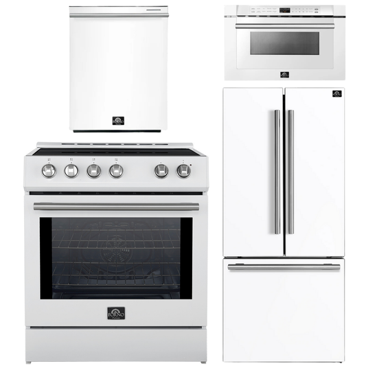 FORNO Espresso Package - 30" Induction Range, 30" Refrigerator with Ice Maker, Dishwasher and 24" Microwave Drawer in White with Stainless Steel Accents