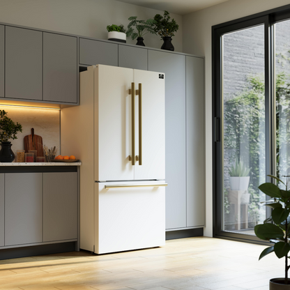 FORNO Espresso Package - 30" Gas Range, Range Hood, 30" Refrigerator with Ice Maker and Dishwasher in White with Antique Brass Accents