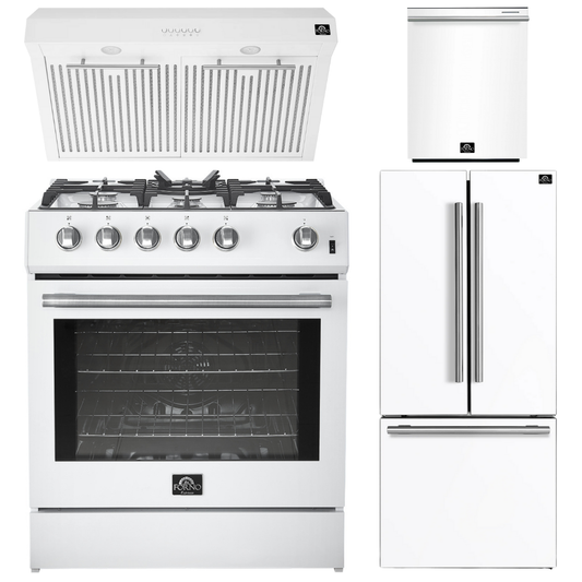 FORNO Espresso Package - 30" Gas Range, Range Hood, 30" Refrigerator with Ice Maker and Dishwasher in White with Stainless Steel Accents