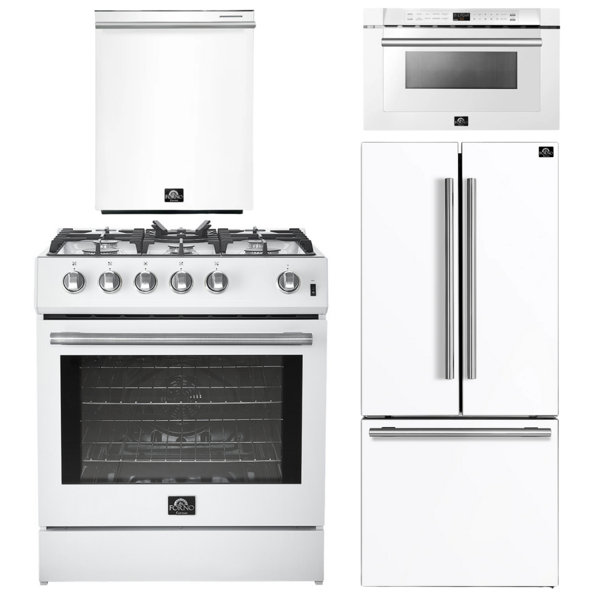 FORNO Espresso Package - 30" Gas Range, 30" Refrigerator with Ice Maker, Dishwasher and 24" Microwave Drawer in White with Stainless Steel Accents