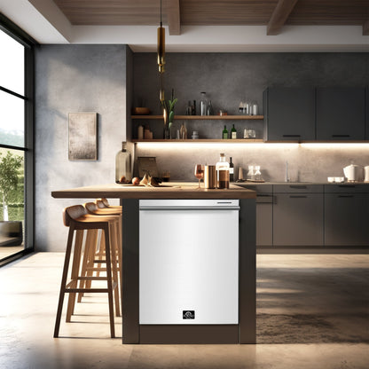 FORNO Espresso Package - 30" Electric Range, Range Hood, 30" Refrigerator with Ice Maker and Dishwasher in White with Stainless Steel Accents