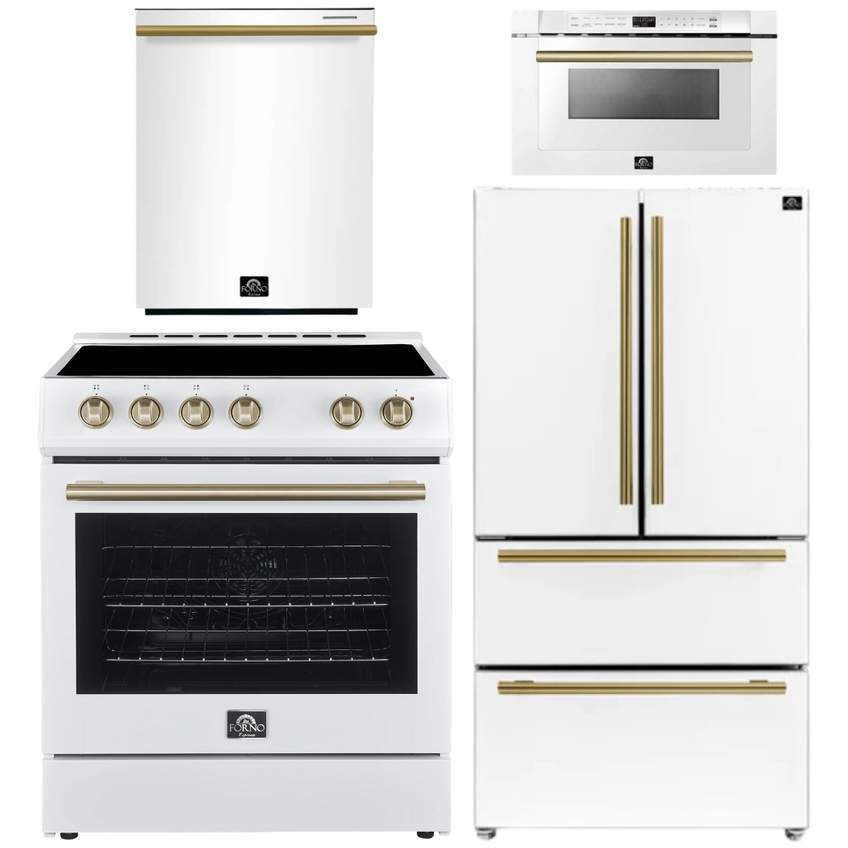 FORNO Espresso Package - 30" Electric Range, 36" Refrigerator with Ice Maker, Dishwasher and 24" Microwave Drawer in White with Antique Brass Accents