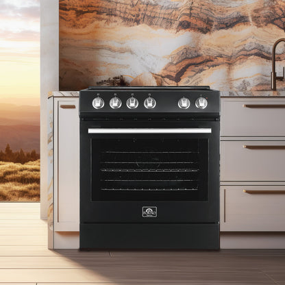 FORNO Espresso Package - 30" Electric Range, Range Hood, 30" Refrigerator with Ice Maker, Dishwasher and 24" Microwave Drawer in Black with Stainless Steel Accents