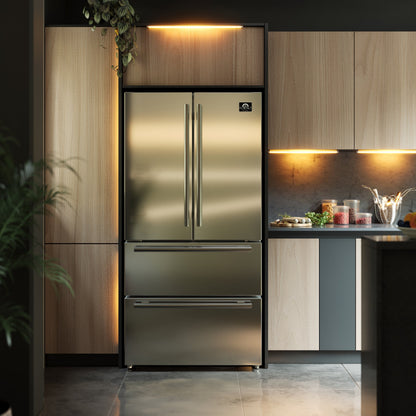 FORNO Espresso Package - 30" Electric Range, Range Hood, 36" Refrigerator with Ice Maker, Dishwasher and 24" Microwave Drawer in Stainless Steel