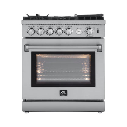 FORNO Appliance Package - 30" Gas Range, 60" Refrigerator, Dishwasher, Microwave Drawer, AP-FFSGS6276-30-W-7