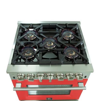 Forno Capriasca 30 in. Freestanding Dual Fuel Range, 4.32 cu. ft. Electric Oven, 5 Sealed Gas Burners, Red, Model FFSGS6187-30RED