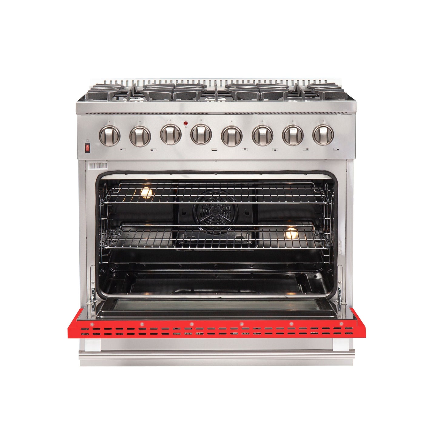 Forno Galiano 36 Inch Dual Fuel Range, 5.36 cu. ft. Oven, 6 Sealed Burners, Red Finish, Model FFSGS6156-36RED
