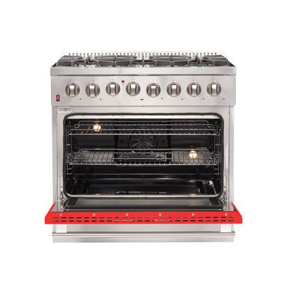 Forno Galiano 36 Inch Dual Fuel Range, 5.36 cu. ft. Oven, 6 Sealed Burners, Red Finish, Model FFSGS6156-36RED