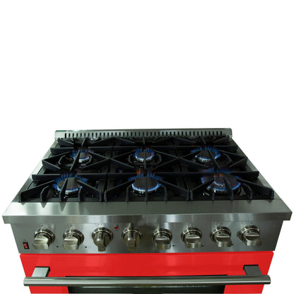 Forno Galiano 36 Inch Dual Fuel Range, 5.36 cu. ft. Oven, 6 Sealed Burners, Red Finish, Model FFSGS6156-36RED