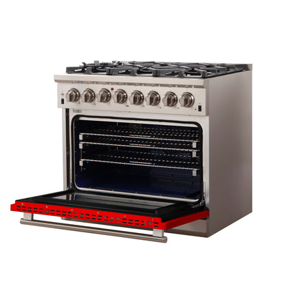 FORNO Capriasca 36-Inch Dual Fuel Range, 5.36 cu. ft. Oven, 6 Sealed Brass Burners, Red Stainless Steel Finish – Model FFSGS6187-36RED