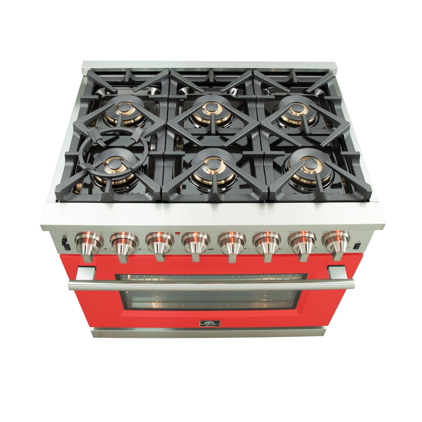 FORNO Capriasca 36-Inch Dual Fuel Range, 5.36 cu. ft. Oven, 6 Sealed Brass Burners, Red Stainless Steel Finish – Model FFSGS6187-36RED