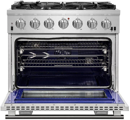 FORNO Appliance Package - 36 Inch Pro Gas Range, Wall Mount Range Hood, Refrigerator, AP-FFSGS6260-36-4