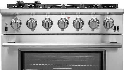 FORNO Appliance Package - 36 Inch Pro Gas Range, Wall Mount Range Hood, Refrigerator, AP-FFSGS6260-36-4