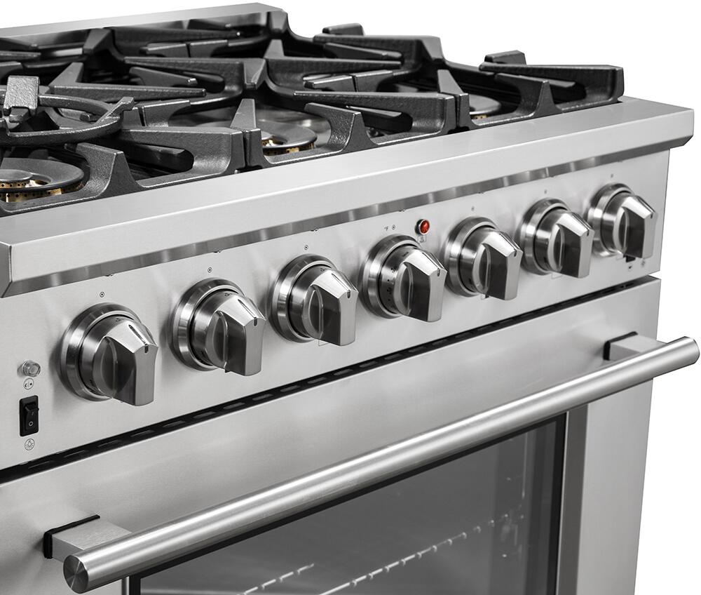 FORNO Appliance Package - 36 Inch Pro Gas Range, Wall Mount Range Hood, Refrigerator, AP-FFSGS6260-36-4