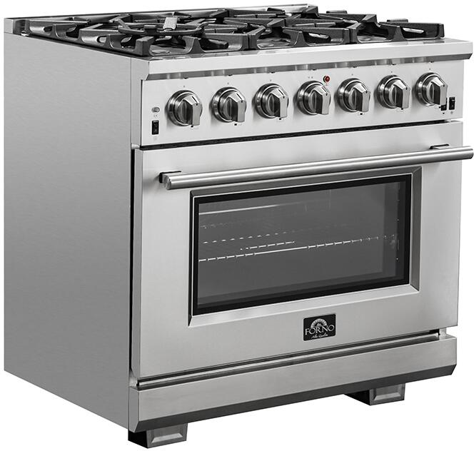 FORNO Package - 36 Inch Pro Gas Range, Wall Mount Range Hood, Refrigerator, Microwave Drawer, Dishwasher, AP-FFSGS6260-36-8